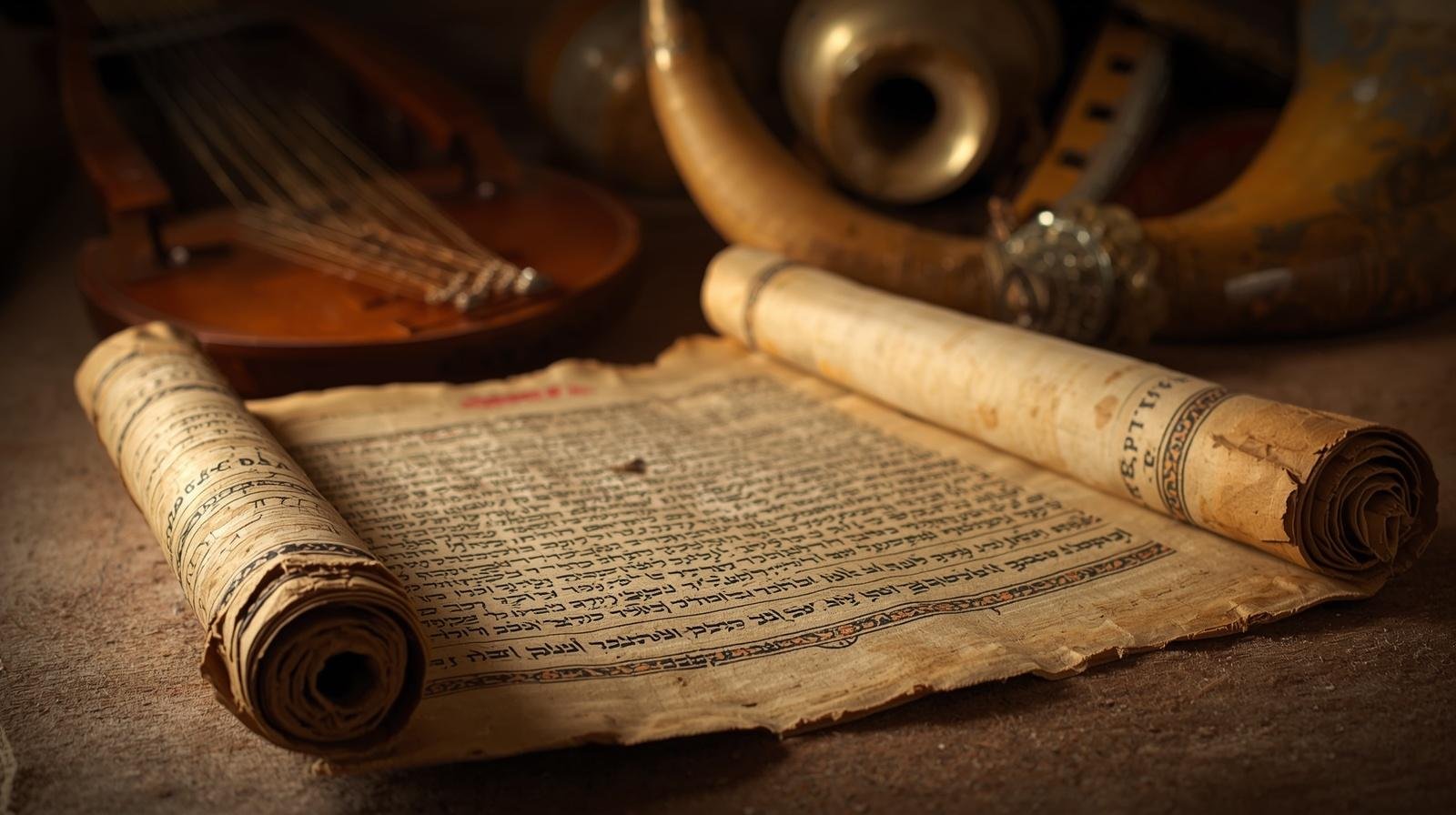 Un pergamino antiguo con instrumentos musicales hebreos de fondo